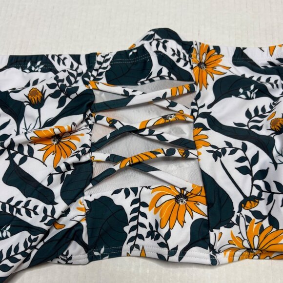 High Waisted Floral Print Bikini Bottom Strappy Side Design Size 22 Dark Teal - Picture 2 of 6